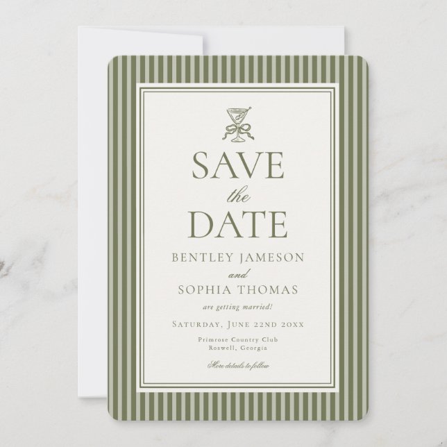 Olive Martini Tini Bit Closer Stripe Save the Date Invitation (Front)