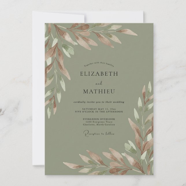 Olive Mauve Leafy Wedding Invitation (Front)
