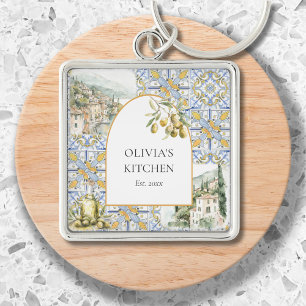 Olive Mediterranean Botanical Yellow Blue Keychain