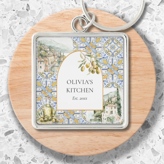 Olive Mediterranean Botanical Yellow Blue Keychain (Close up)