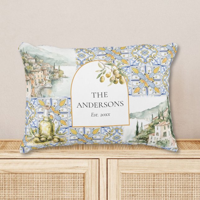 Olive Mediterranean Yellow Blue Tile Pattern Accent Pillow (In situ)
