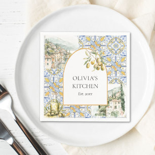 Olive Mediterranean Yellow Blue Tile Pattern Napkin