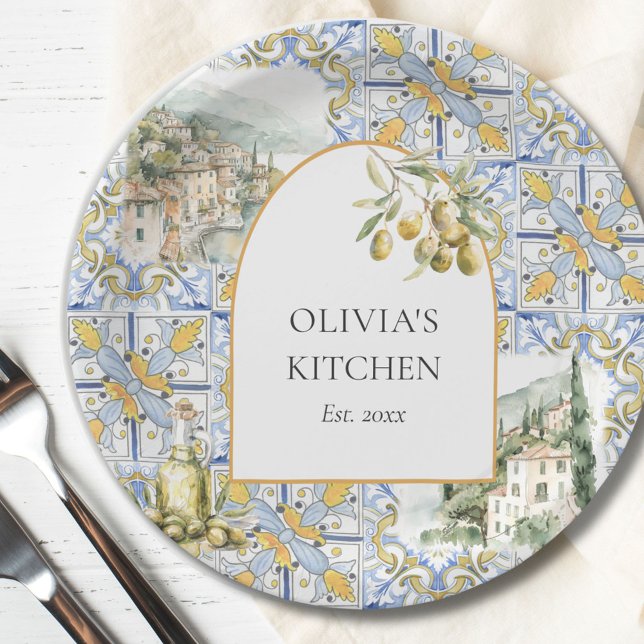 Olive Mediterranean Yellow Blue Tile Pattern Paper Plate (In situ)