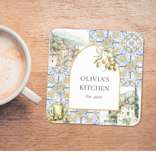 Olive Mediterranean Yellow Blue Tile Pattern Square Paper Coaster (In situ)