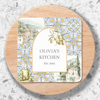 Olive Mediterranean Yellow Blue Tile Pattern Square Sticker