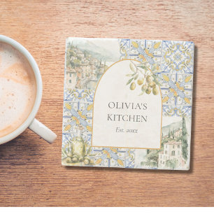 Olive Mediterranean Yellow Blue Tile Pattern Stone Coaster
