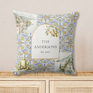 Olive Mediterranean Yellow Blue Tile Pattern Throw Pillow
