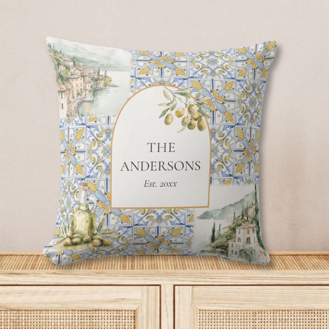 Olive Mediterranean Yellow Blue Tile Pattern Throw Pillow (In situ)
