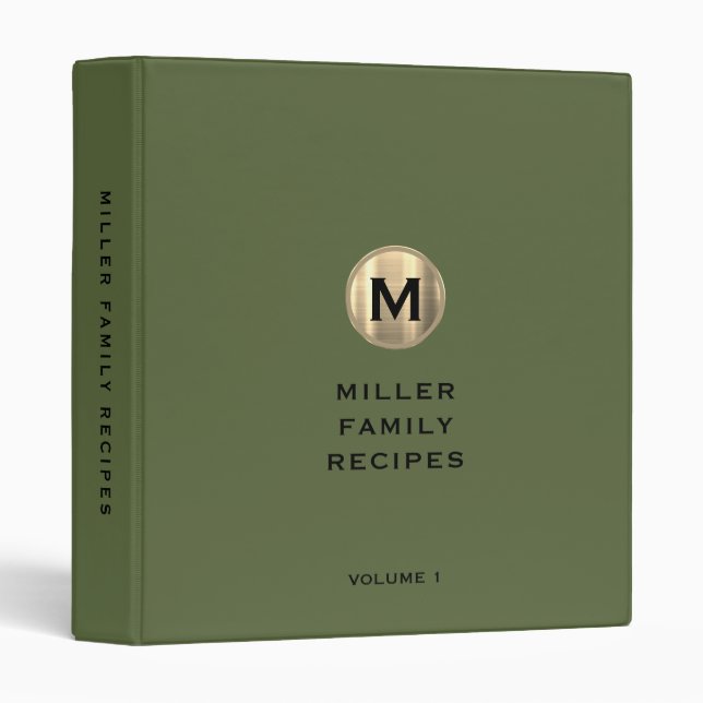 Olive Metallic Gold Monogram Family Recipe Binder (Front/Spine)