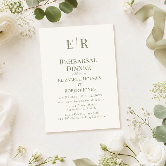 Olive Monogram Rehearsal Dinner Invitation (Olive Monogram Rehearsal Dinner Invitation on a table with white roses)