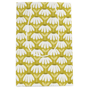 Olive Mustard Green Daisies Floral Pattern Medium Gift Bag
