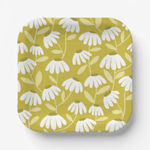 Olive Mustard Green Daisies Floral Pattern Paper Plate