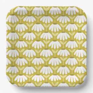 Olive Mustard Green Daisies Floral Pattern Paper Plate