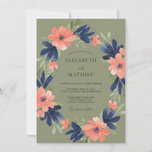 Olive Navy Floral Romantic Wedding Invitation