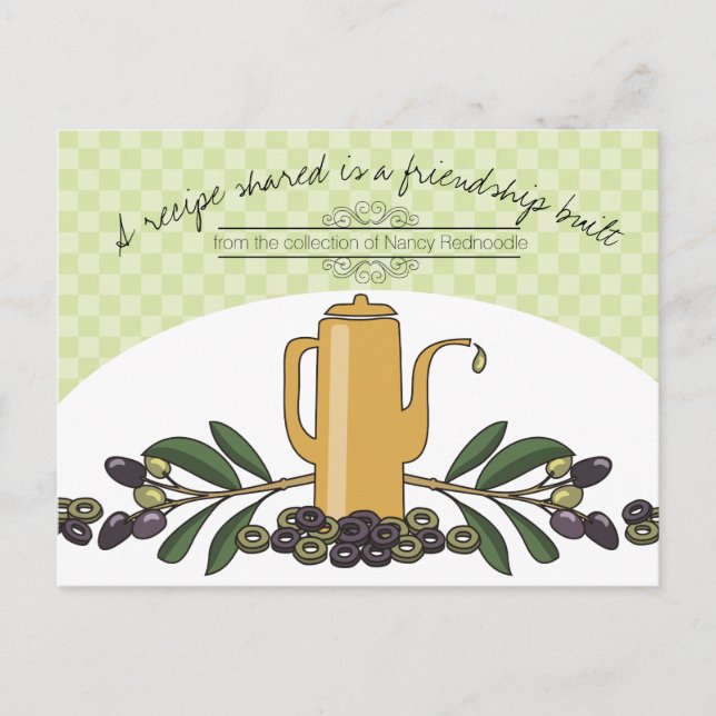 olive oil can olives cooking cookbook recipe card (Front)