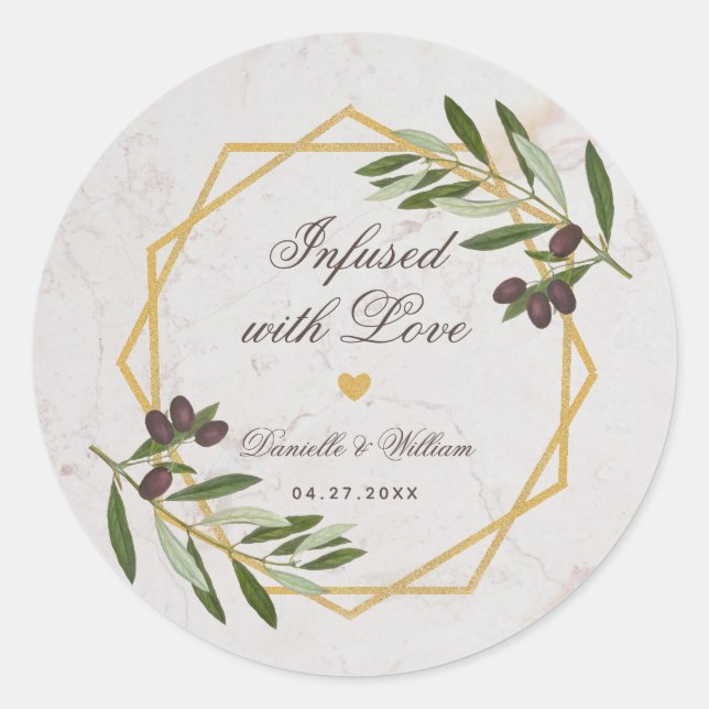 Olive Oil Infused with Love Foliage Wedding Favour Classic Round Sticker (Front)