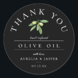 Olive Oil Thank You Favour Black Classic Round Sticker<br><div class="desc">Watercolor olives and leaves,  modern olive oil favour,  black thank you sticker.</div>