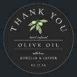 Olive Oil Thank You Favour Black Classic Round Sticker<br><div class="desc">Watercolor olives and leaves,  modern olive oil favour,  black thank you sticker.</div>