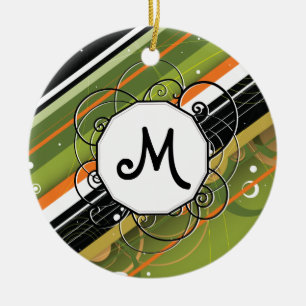 Olive & Orange Modern-Retro Stripes with Monogram Ceramic Ornament