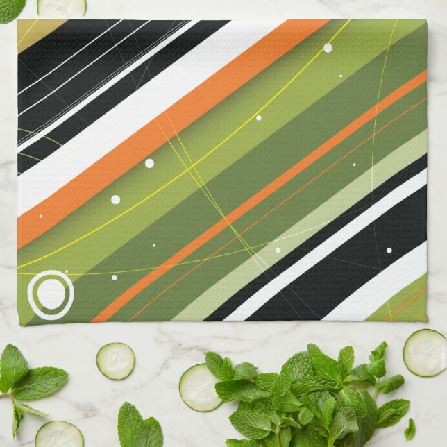 Olive & Orange Modern-Retro Stripes with Monogram Kitchen Towel (Folded)