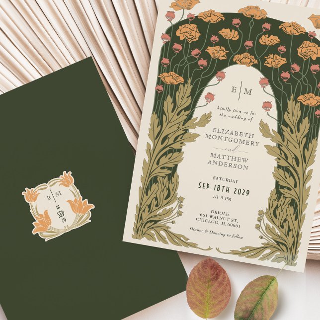 Olive & Orange Wedding Vintage Art Nouveau Floral Invitation (Creator Uploaded)