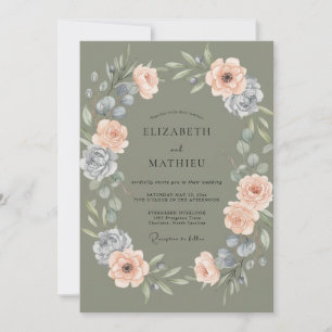 Olive Peach Ranunculus Eucalyptus Wedding Invitation