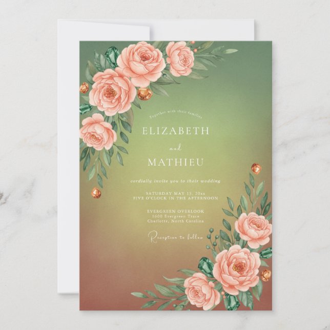 Olive Peach Rose Wedding Invitation (Front)