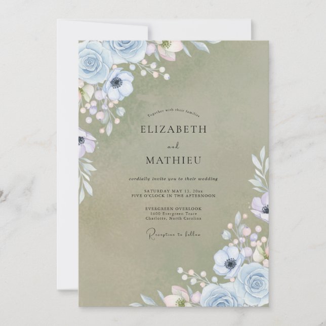 Olive Periwinkle Anemone Wedding Invitation (Front)