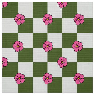 Olive Pink Floral Checkerboard Polyester Fabric