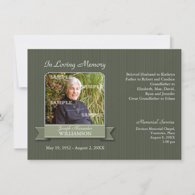 Olive Pinstripe Banner Memorial Notice Invitation (Front)