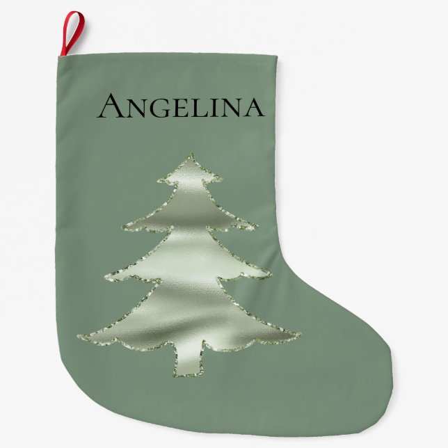 Olive Pistachio Mint Green Christmas Tree Large Christmas Stocking (Front)