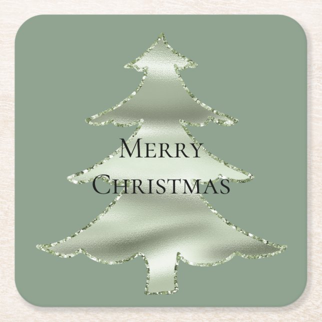 Olive Pistachio Mint Green Christmas Tree Square Paper Coaster (Front)