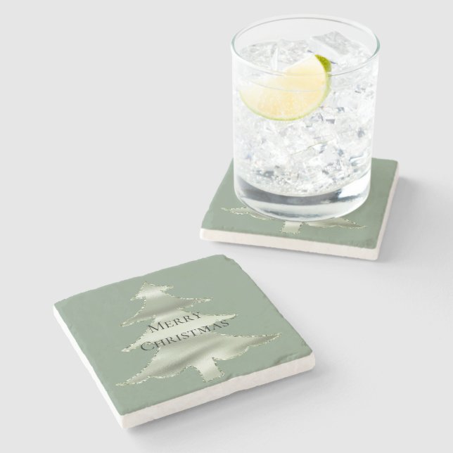 Olive Pistachio Mint Green Christmas Tree Stone Coaster (Side)