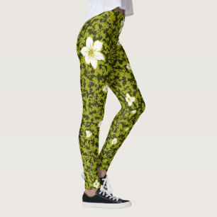 Olive Print with white flowers design, Cute Floral Leggings