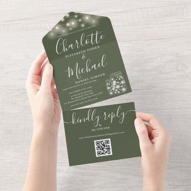 Olive QR Code Mason Jars String Light Wedding All In One Invitation (Tearaway)