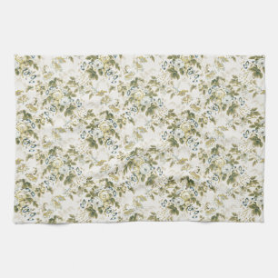 Olive Rose and Blue Morning Glory Chintz Kitchen Towel