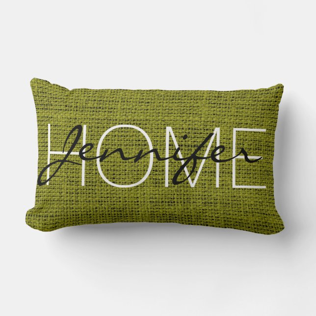 Olive Rustic Burlap Monogram Lumbar Pillow (Front)