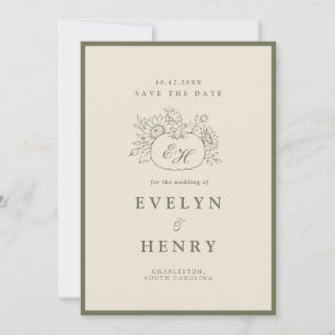 Olive Sage Fall Botanical Monogram Save the Date  Invitation