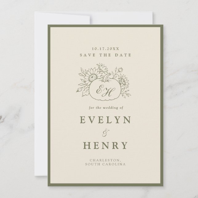 Olive Sage Fall Botanical Monogram Save the Date  Invitation (Front)
