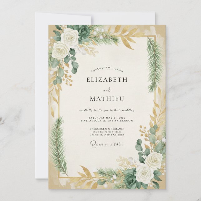 Olive Sage Gold Leafy Wedding Invitation (Front)