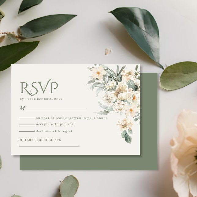 Olive Sage Green Ivory Florals Botanical Wedding RSVP Card (Creator Uploaded)