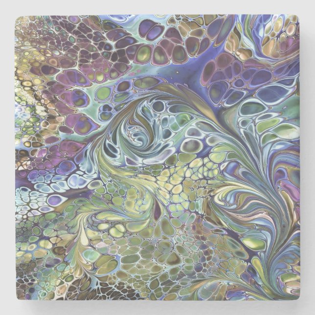 Olive sage green, purple blue burgundy abstract stone coaster (Front)