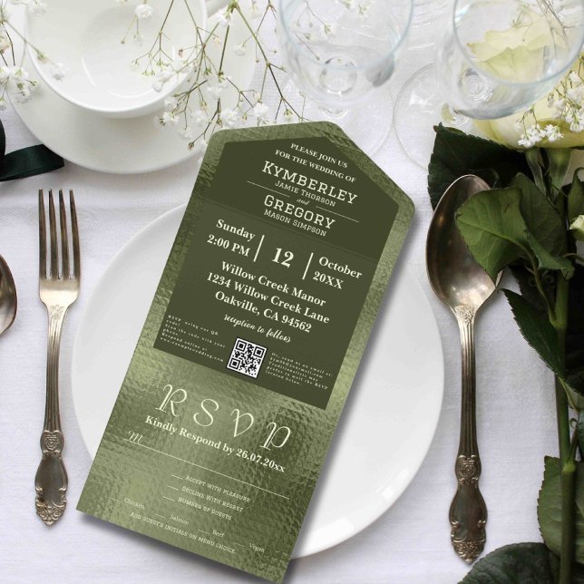 Olive Sage Green Shimmer Background QR Code  All In One Invitation (Creator Uploaded)