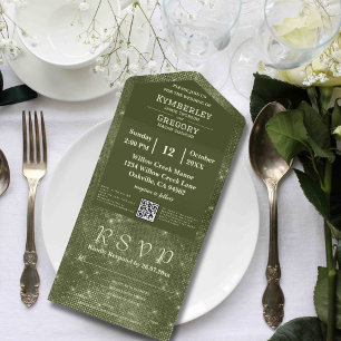 Olive Sage Green Shimmer Faux Burlap QR Code All In One Invitation