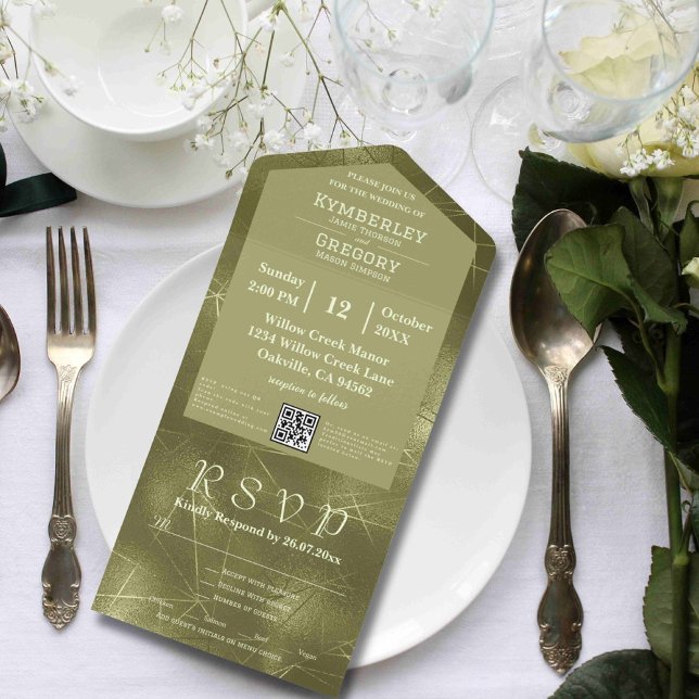 Olive Sage Green Shimmer Line Background QR Code  All In One Invitation (Creator Uploaded)