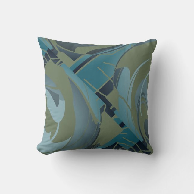 Olive Seafoam Grey Diagonal Floral Design Throw Pillow (Front)