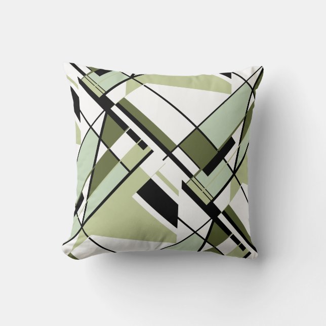 Olive Shades, Black, White Abstract Angular Design Throw Pillow (Front)