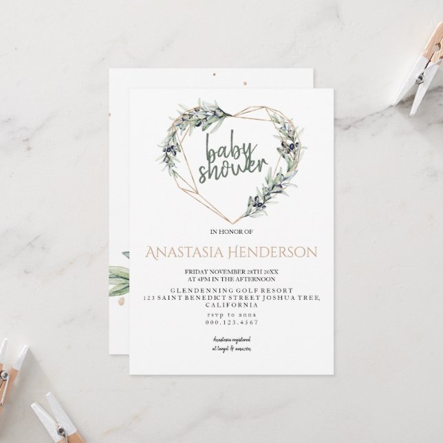 Olive sprigs-Baby shower Invitation. (Front/Back In Situ)