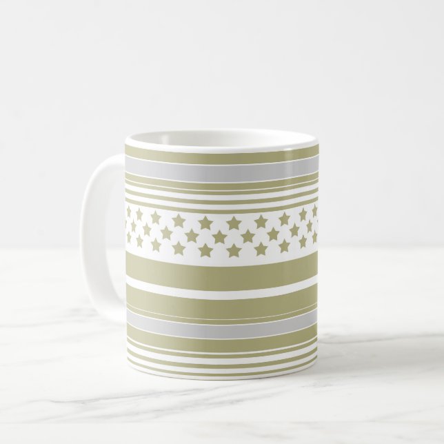 Olive striped pattern with stars coffee mug (Front Left)