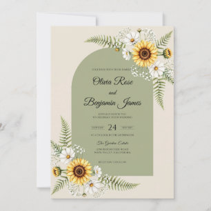 Olive Sunflower Daisy Eucalyptus Wedding Invitation